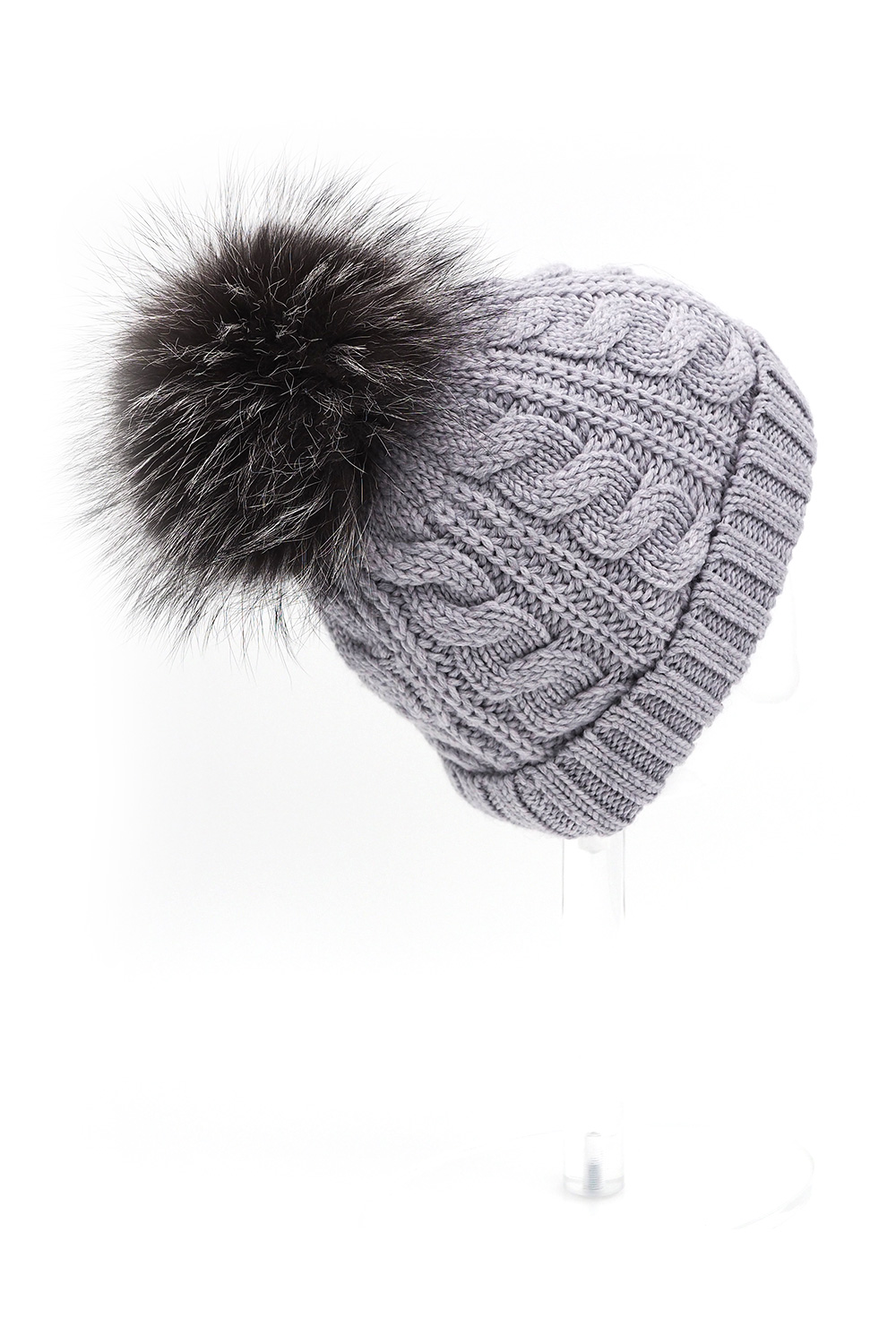 Caciula din tricot cu pompon din blana de vulpe polara 521 gri (2)