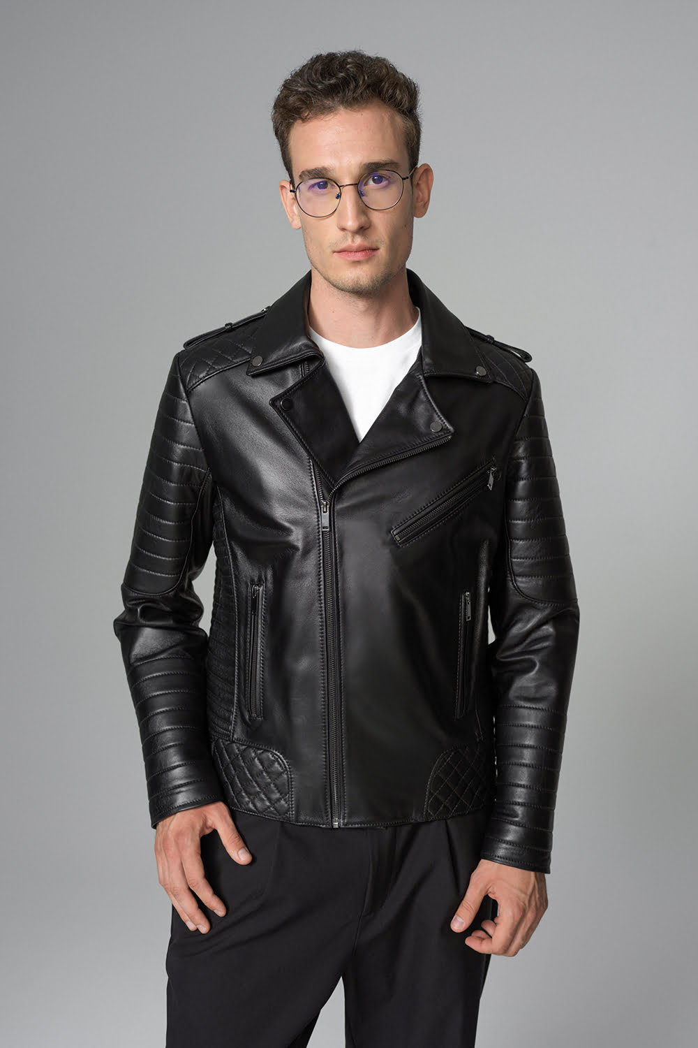 Geaca biker din piele de ovina 3029 negru 1