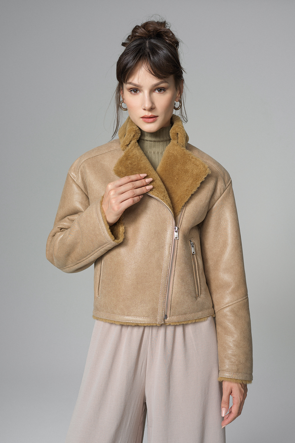 Geaca din blana de miel oversized 2068 bej 1