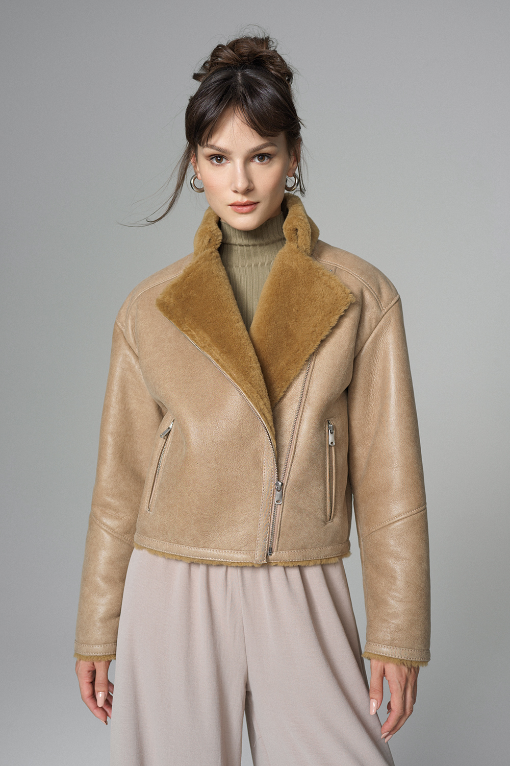 Geaca din blana de miel oversized 2068 bej 4