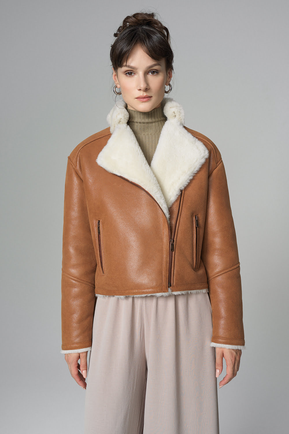 Geaca din blana de miel oversized 2068 coniac 1