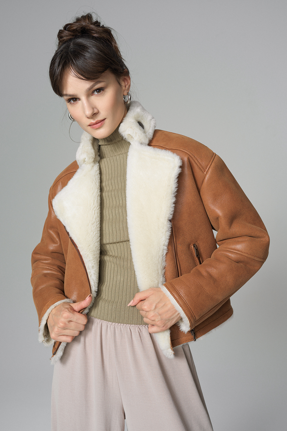 Geaca din blana de miel oversized 2068 coniac 4