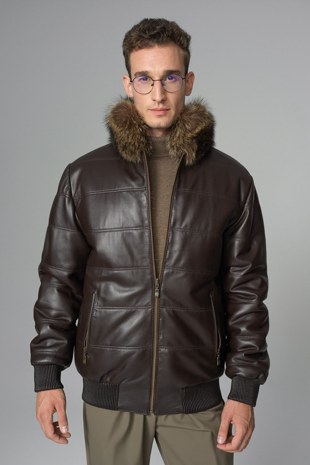 Geaca din piele de miel si blana de raton reversibila 392 maro 1