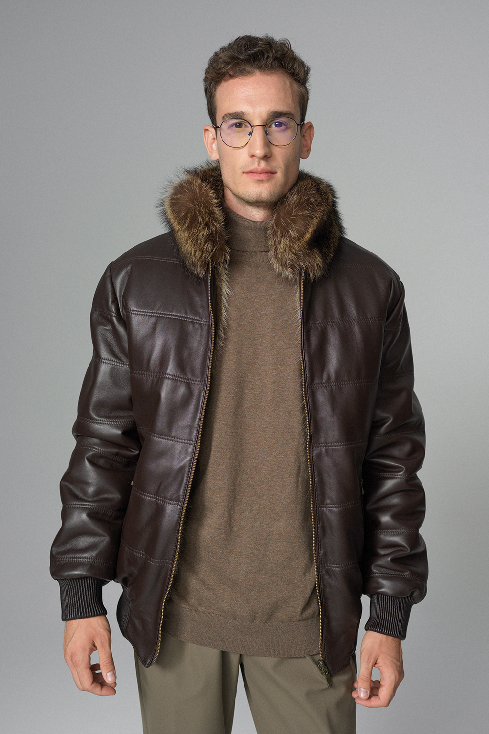 Geaca din piele de miel si blana de raton reversibila 392 maro 5