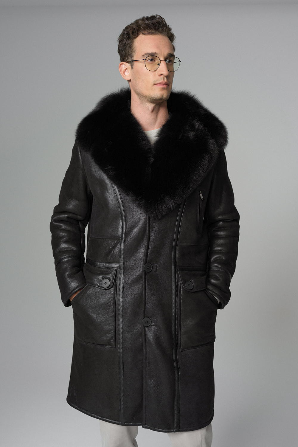 Palton din blana de miel si blana de raton 390 negru 2