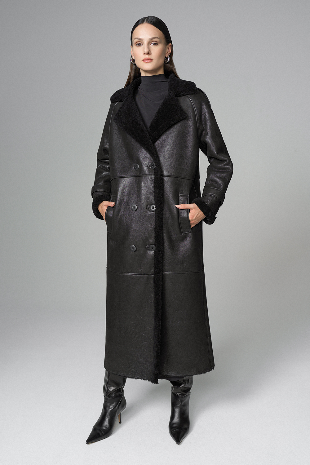 Palton oversized din blana de miel merinos 2079 negru 1
