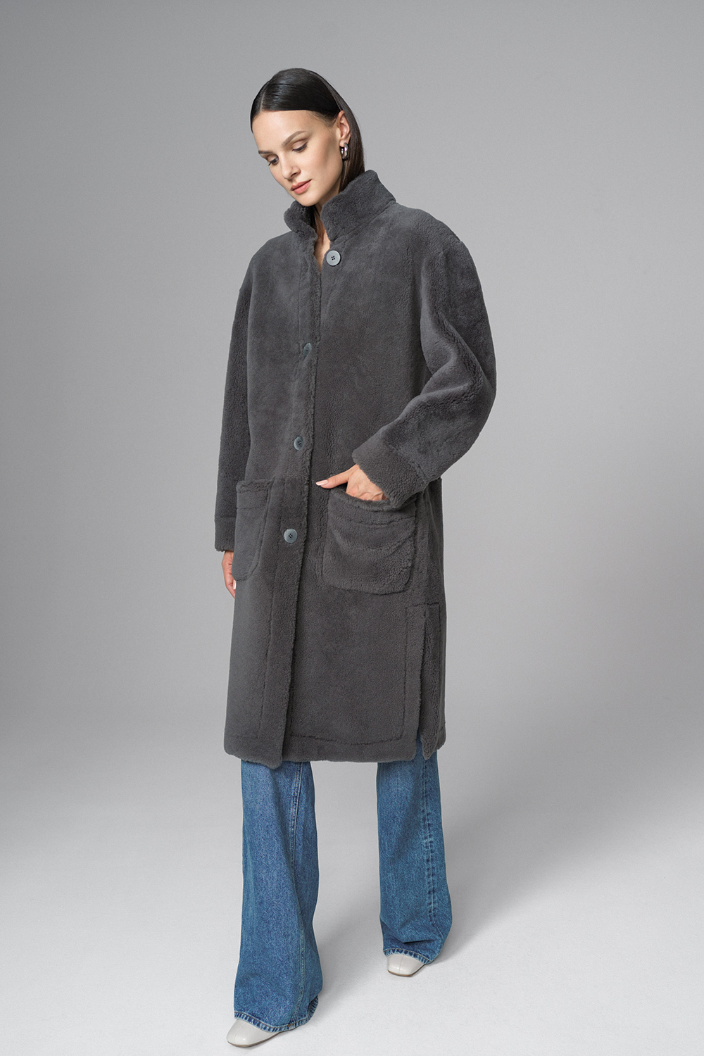 Palton reversibil din blana de miel merinos 2080 gri 2