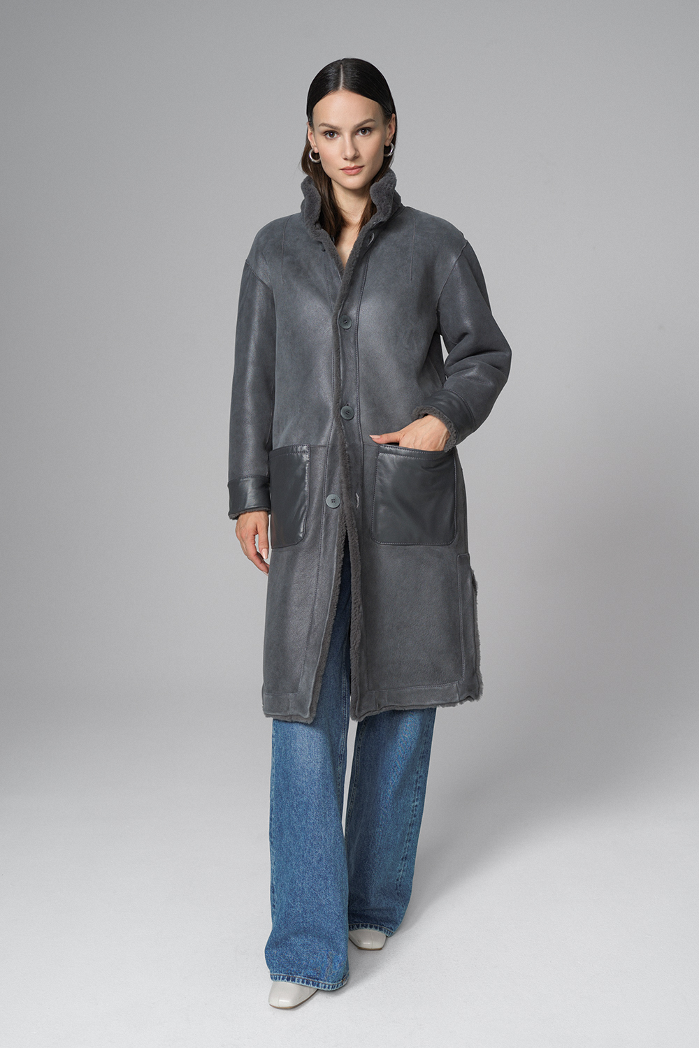 Palton reversibil din blana de miel merinos 2080 gri 4