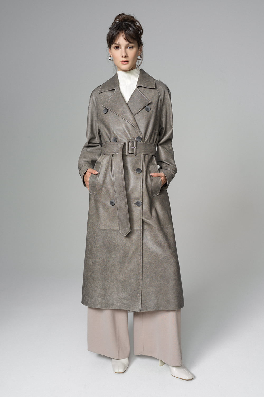 Trench oversized din piele de ovina 1040 vintage gri 1