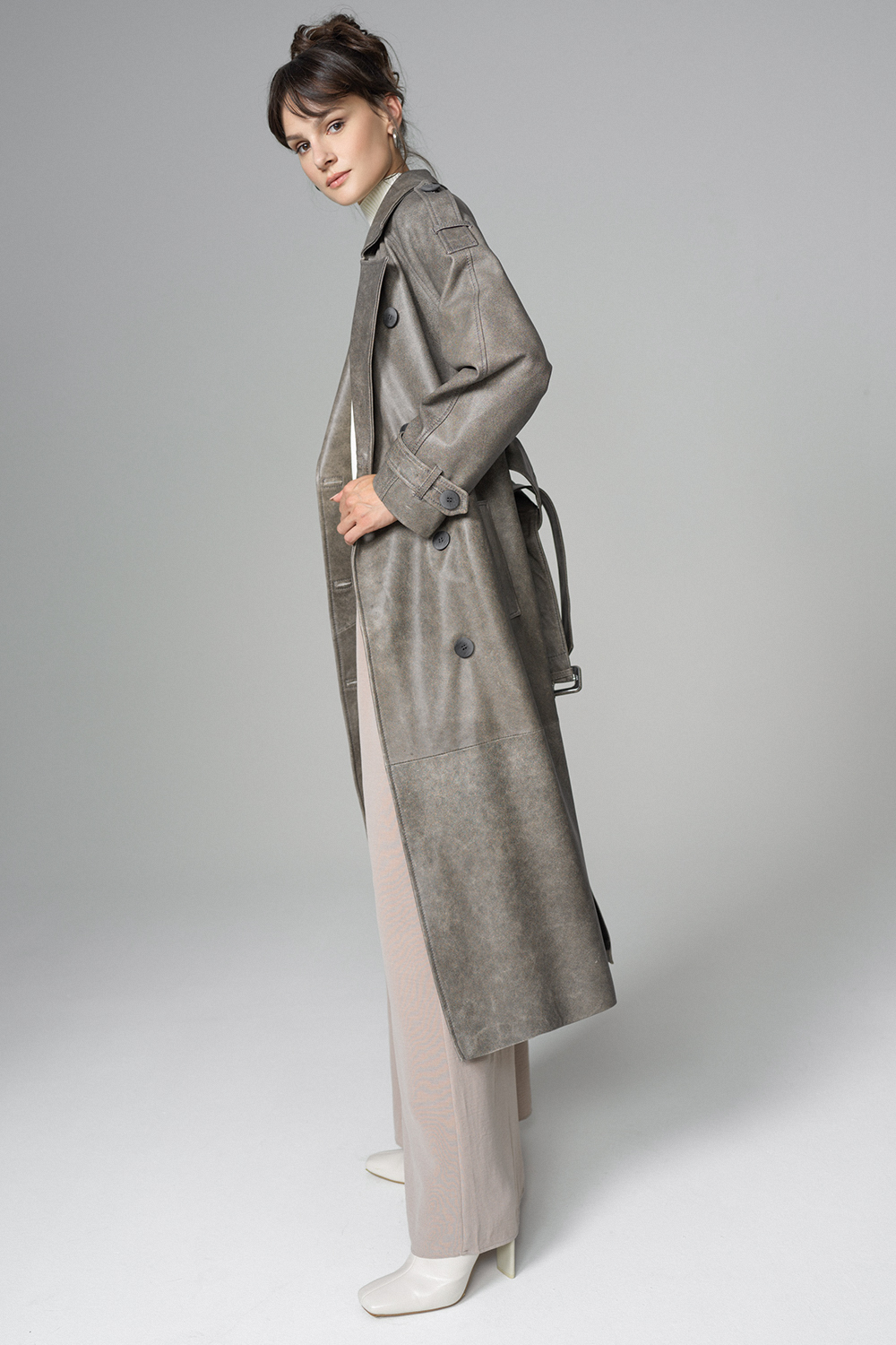 Trench oversized din piele de ovina 1040 vintage gri 4