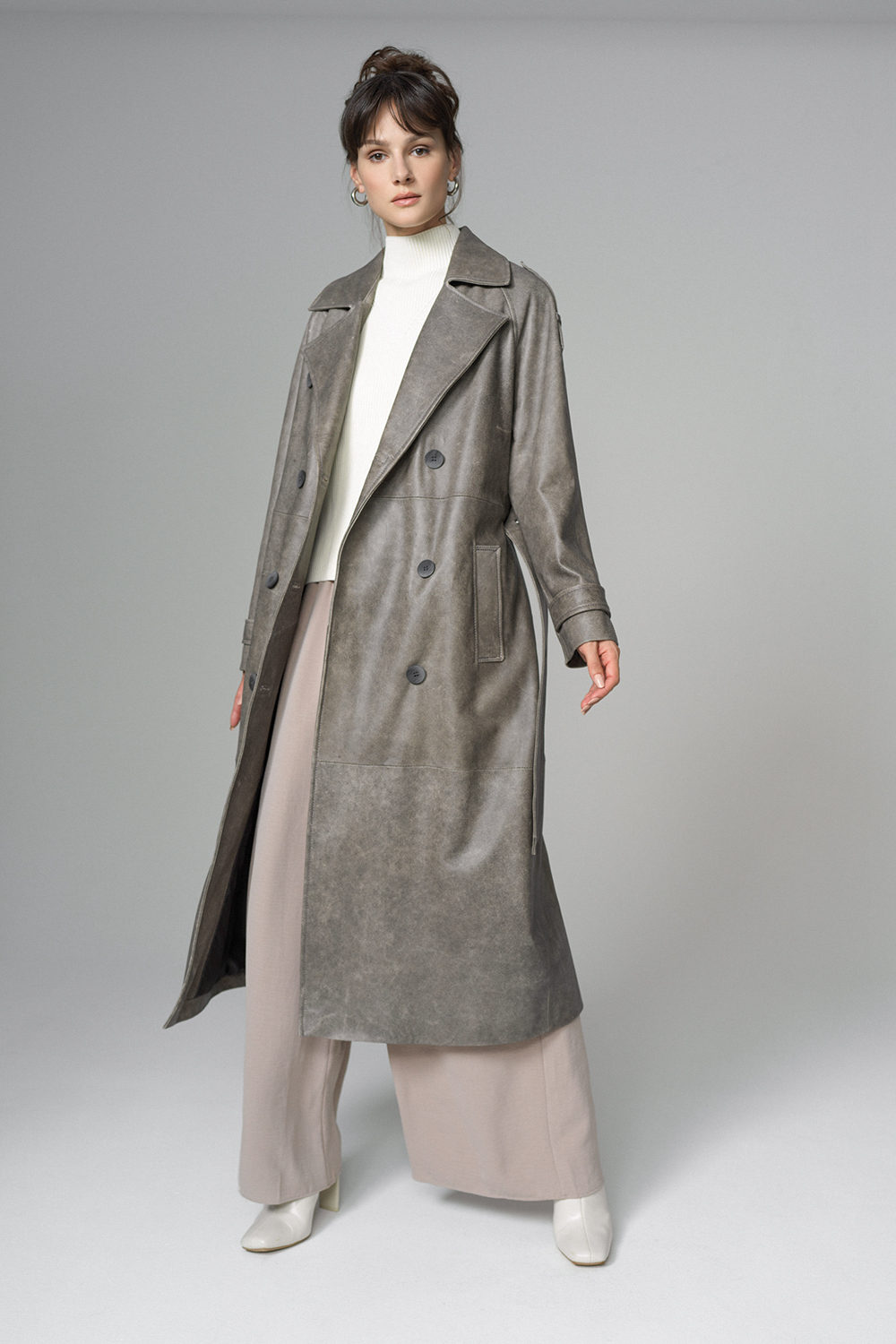 Trench oversized din piele de ovina 1040 vintage gri 5