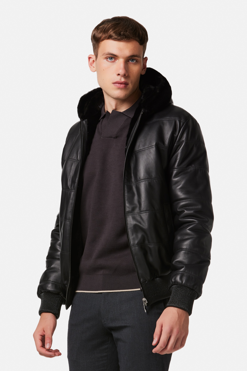 Geaca din piele de miel si blana de nurca reversibila neagra 397