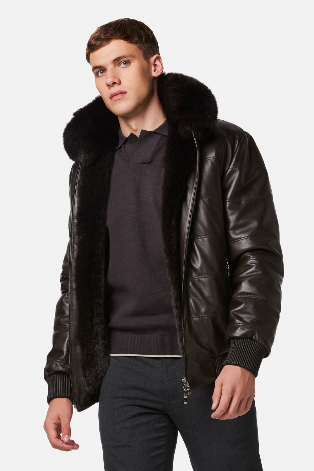 Geaca din piele de miel si blana de vulpe polara reversibila 393 maro