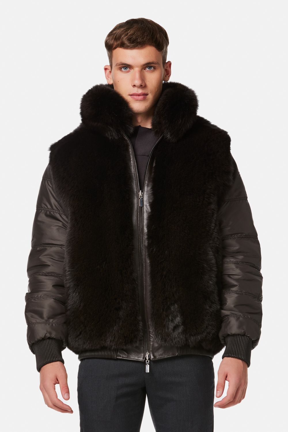 Geaca din piele de miel si blana de vulpe polara reversibila 393 maro