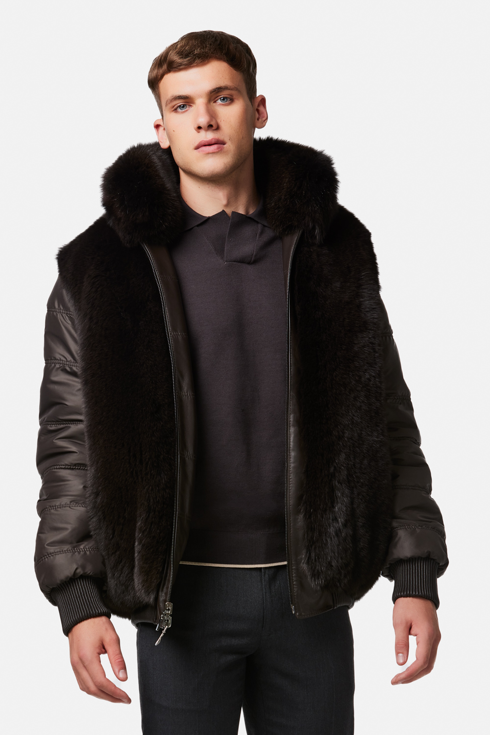 Geaca din piele de miel si blana de vulpe polara reversibila 393 maro