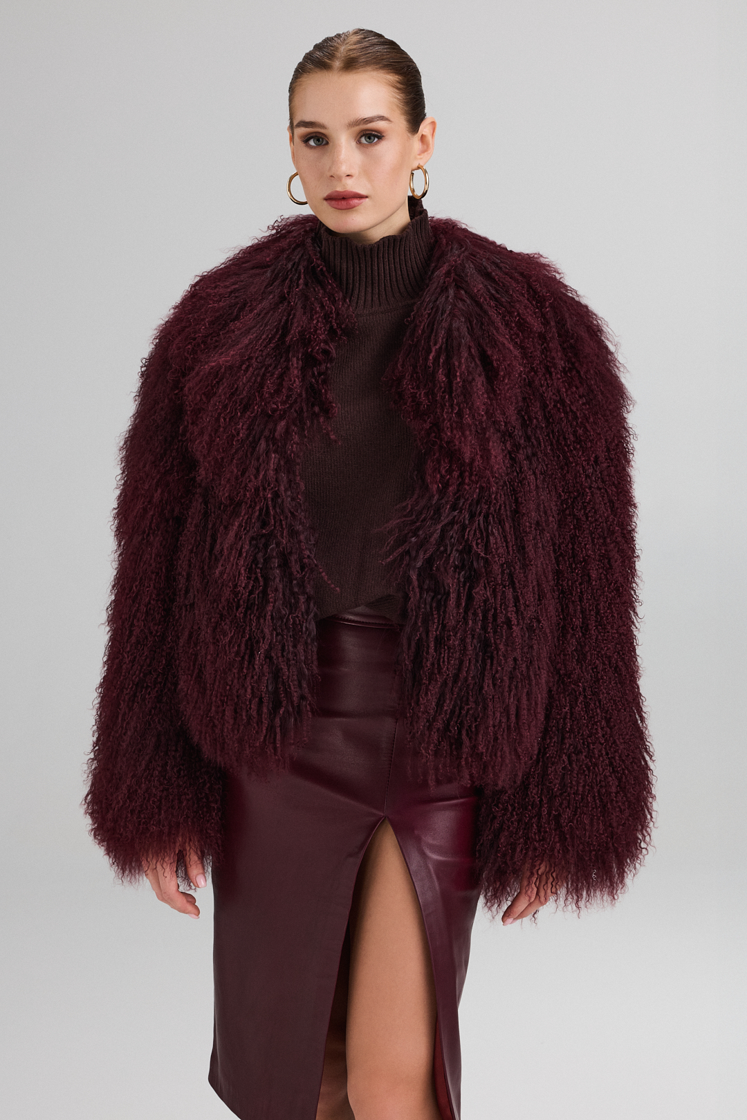 Jachetă din blană de oaie mongoleză 2083 Burgundy (4)
