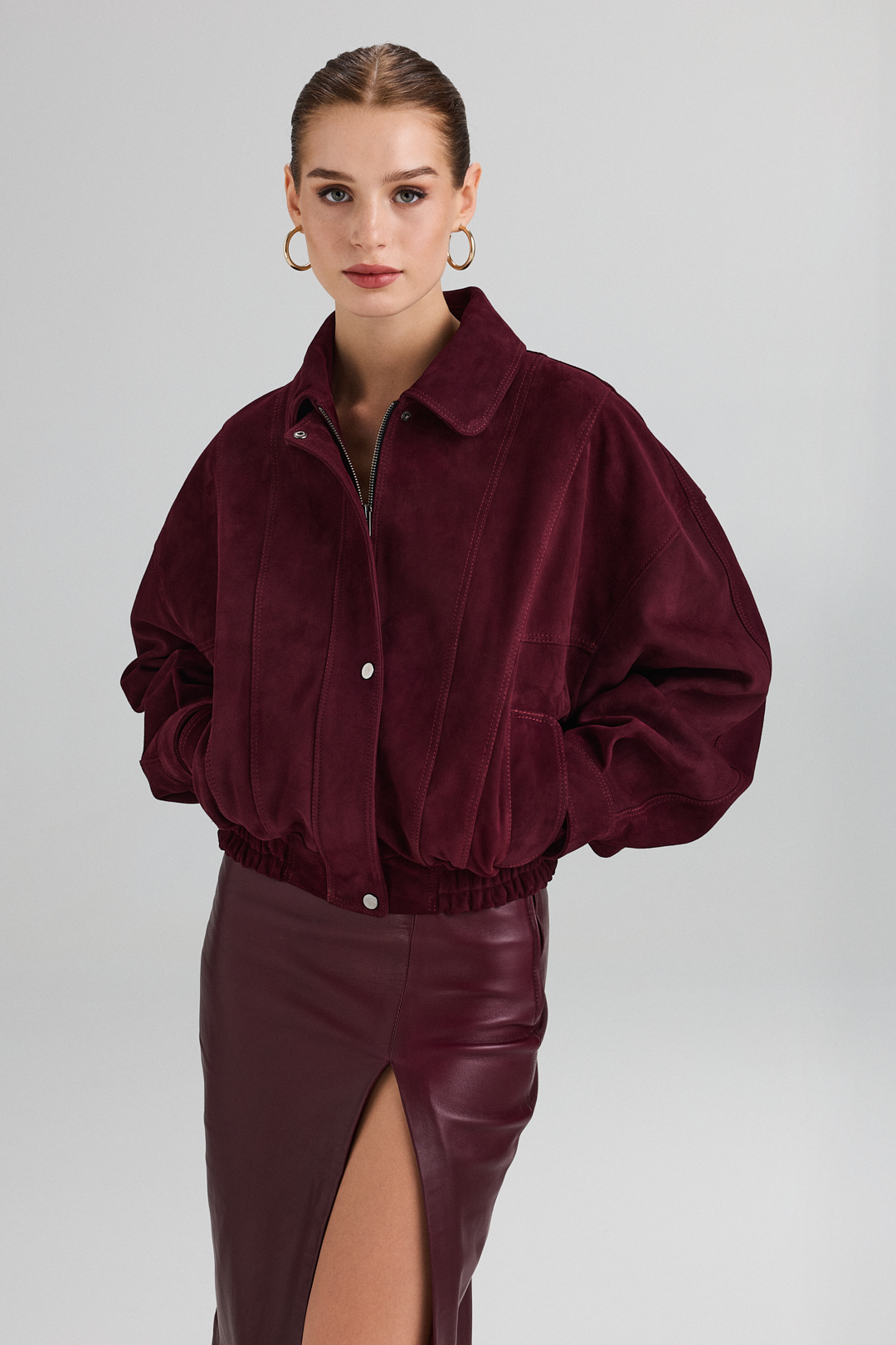 Jachetă bomber oversized din piele velur 1064 burgundy (1)