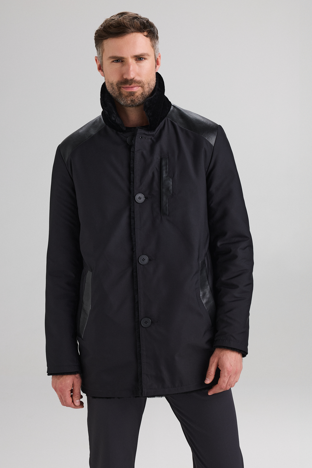 Palton revesibil din textil cu blana de miel 3409 negru (1)