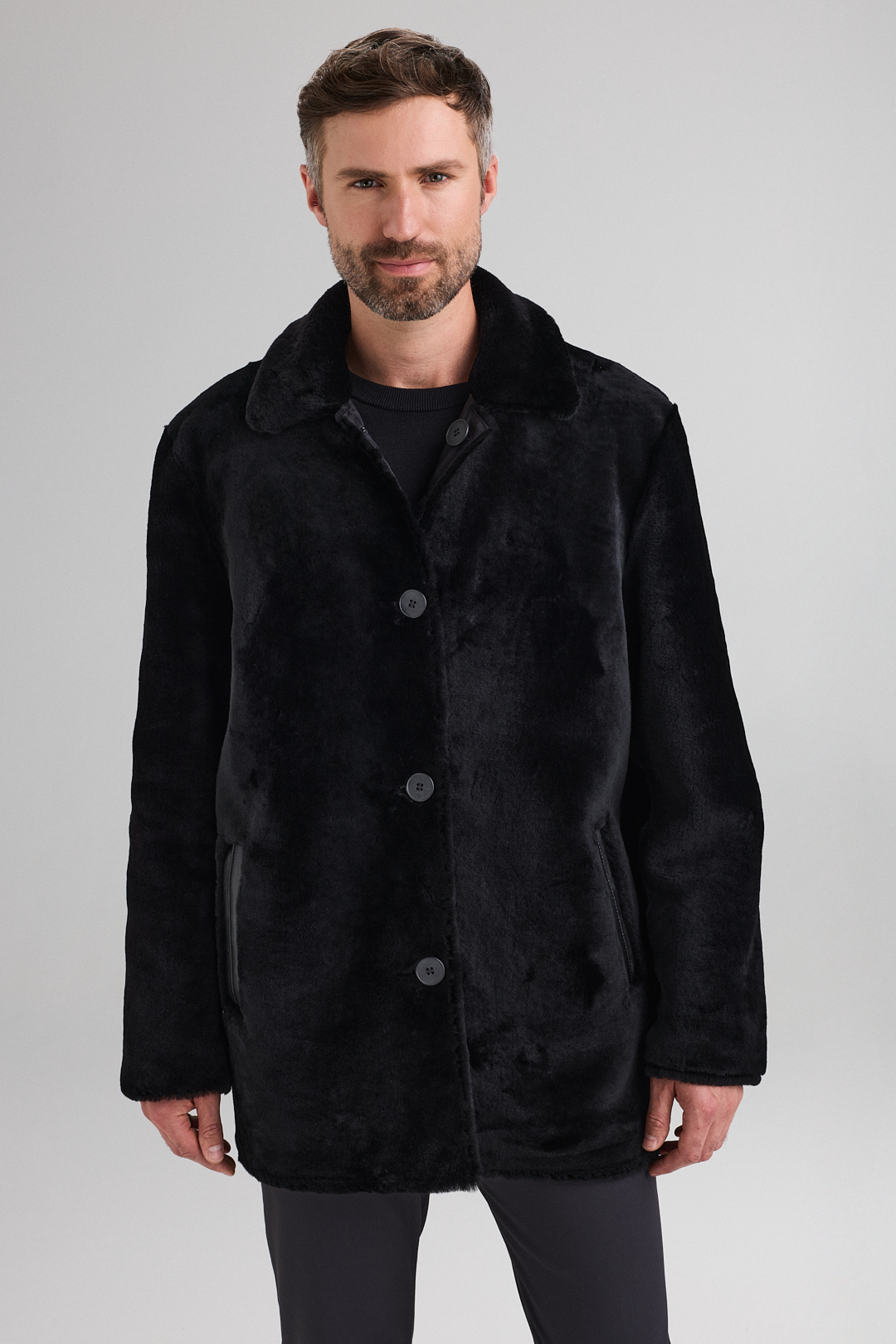 Palton revesibil din textil cu blana de miel 3409 negru (4)
