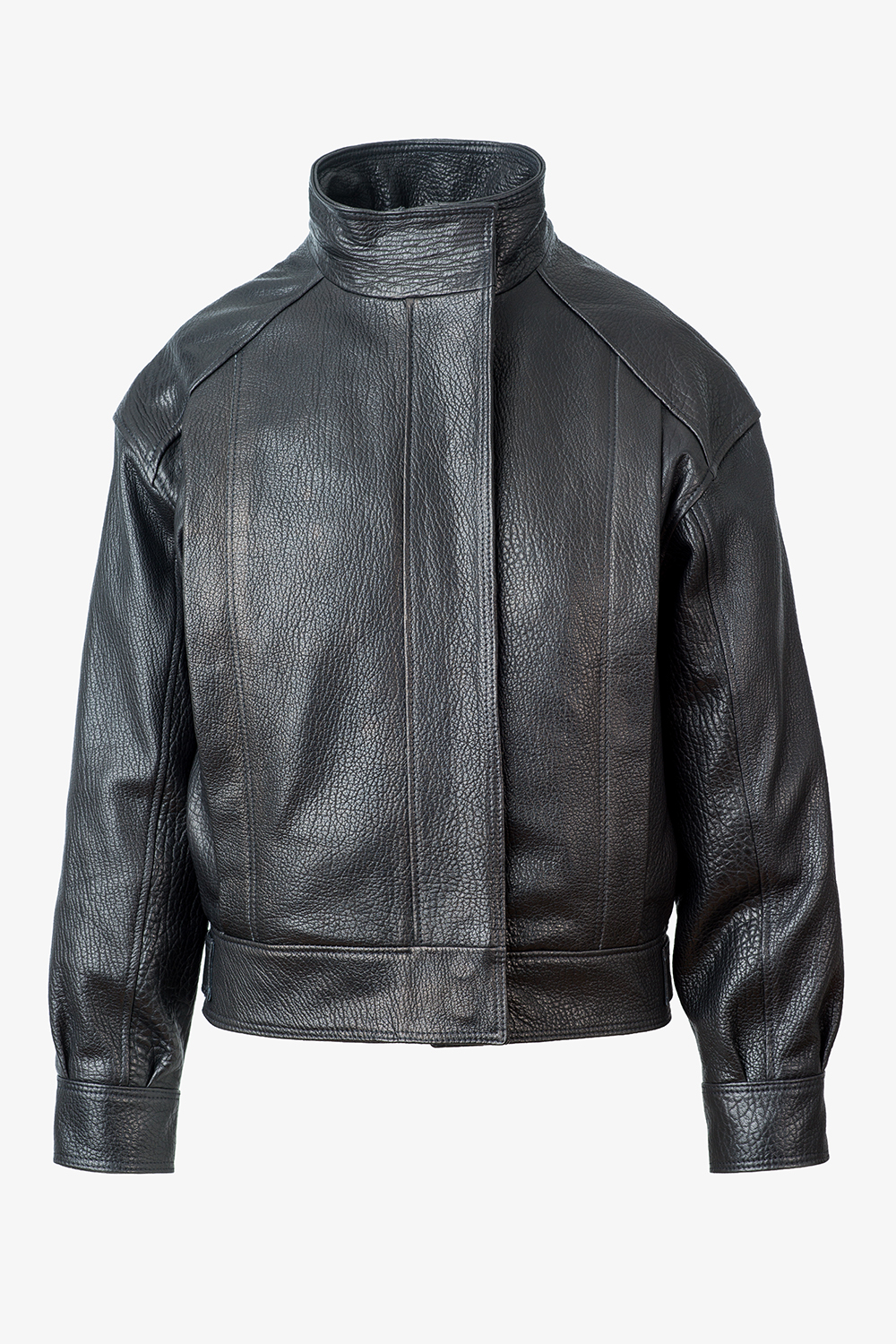 Jachetă din piele naturală neagra cu guler înalt 1068 - vedere fata